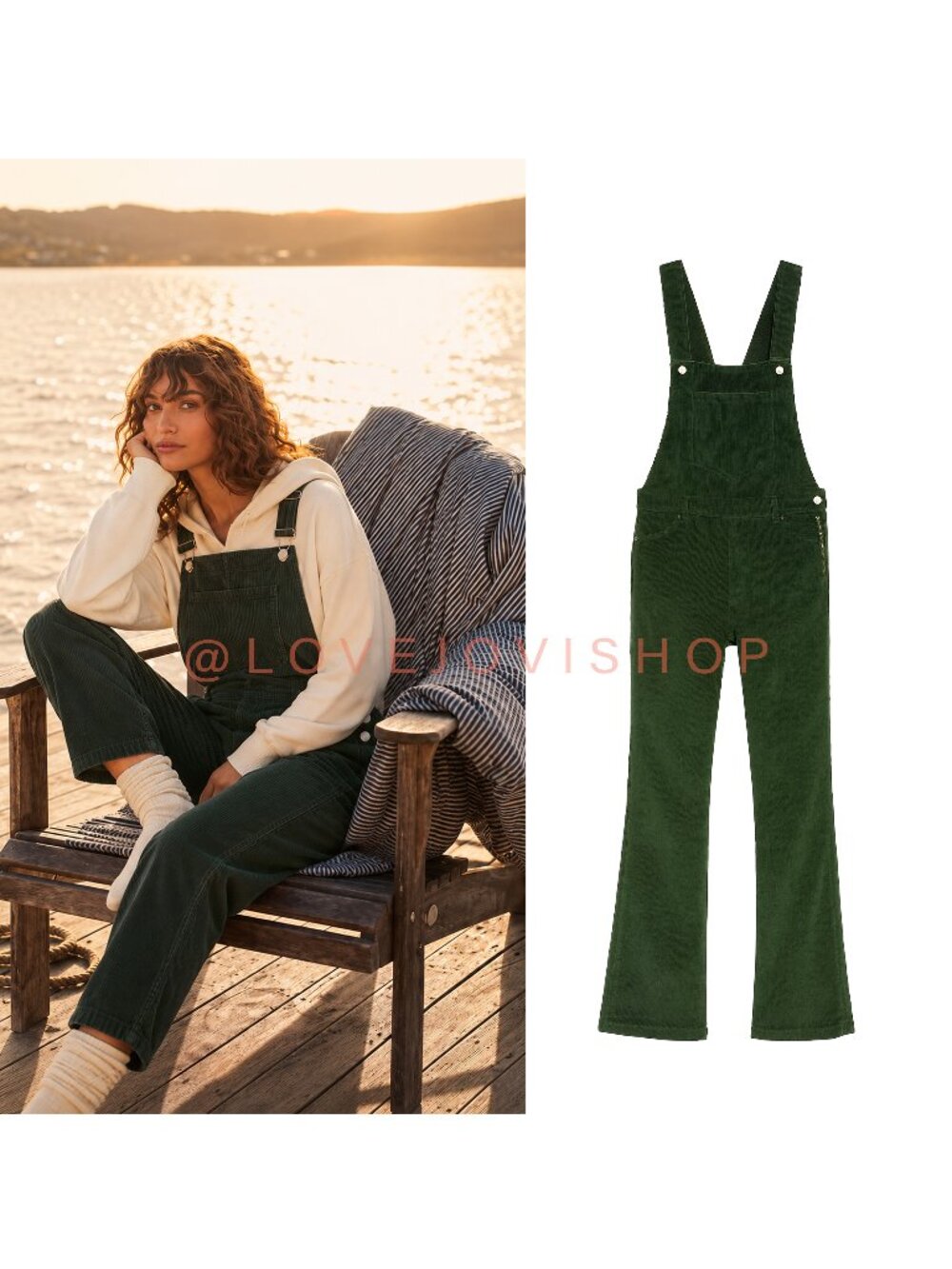 Cabincore | Forever 21 Green Corduroy Overalls Gold Side Zipper | Subtle Bootcut